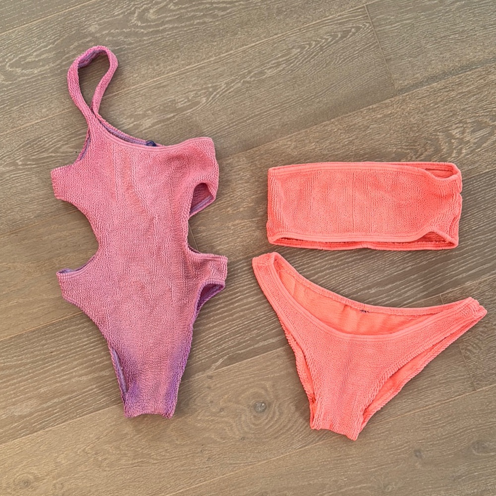 Pink and Purple One Piece Swimsuit and Orange Set.